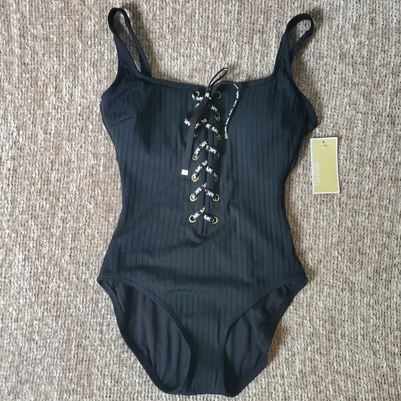 Michael Kors Lace-Up Textured One-Piece Swimsuit in Black - Picture 2 of 7